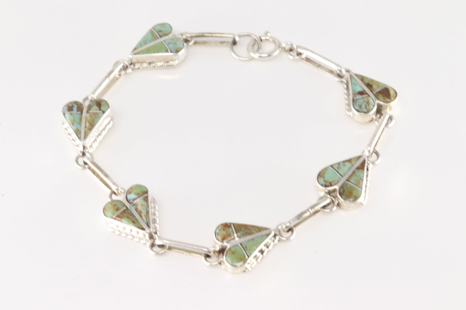 Native America Zuni Sterling Silver Turquoise Inlay Heart Bracelet Link By R.V.N (1 of 4)