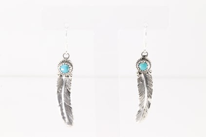 Native America Navajo Sterling Silver Turquoise Feather Dangling Earring's By Sharon McCarthy.