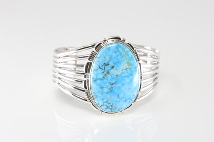 Native America Navajo Sterling Silver Kingman Turquoise Bracelet Cuff By L.M.Y.