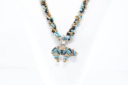 Native America Navajo Sterling Silver 5 Strand Multi-Color Stone Inlay Bear Pendant / Necklace.