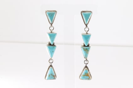 Native America Navajo Sterling Silver Kingman Turquoise Post / Dangling Earring's By Judith Dixon.