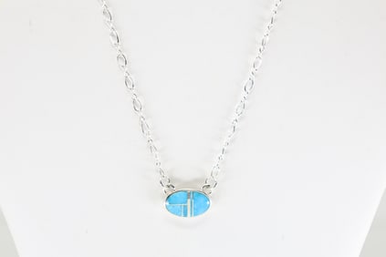 Native America Navajo Sterling Silver Turquoise Inlay Necklace By C.F.