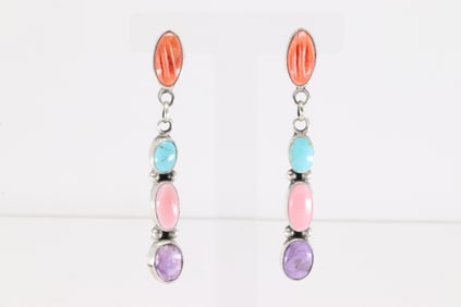 Native America Navajo Sterling Silver Multi-Color Stone Post / Dangling Earring's By Danny Henio.