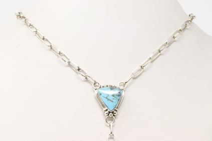 Native America Navajo Sterling Silver Turquoise Necklace By Charlene Yazzie.