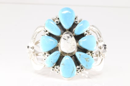 Native America Navajo Sterling Silver White Buffalo & Turquoise Bracelet Cuff By R.B.