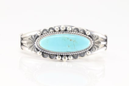 Native America Navajo Sterling Silver Turquoise Bracelet Cuff By Jimmy Lee.