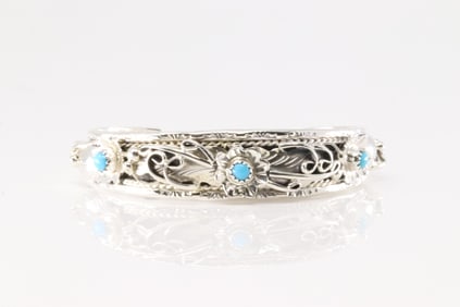 Native America Navajo Sterling Silver Turquoise Floral Bracelet Cuff By Bessie Joe.