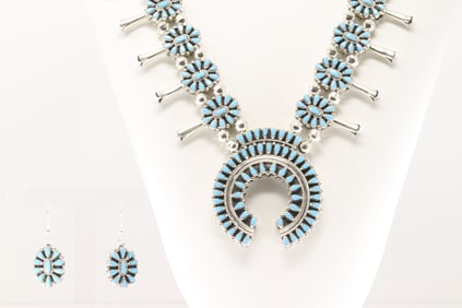 Native America Zuni Sterling Silver White Buffalo & Turquoise Squash Blossom Necklace & Earring's