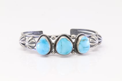 Native America Navajo Sterling Silver Turquoise Bracelet Cuff By P.Livingston.