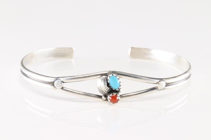 Native America Navajo Sterling Silver Coral & Turquoise Bracelet.