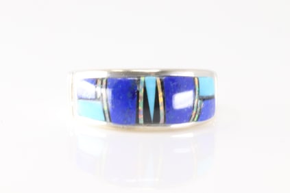 Native America Navajo Sterling Silver Multi-Color Stone Inlay Ring By Rick T.