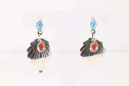 Native America Navajo Sterling Silver Coral & Turquoise Leaf Post / Dangling Earring's By Genevieve