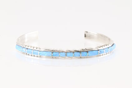 Native America Zuni Sterling Silver Synthetic Blue Opal Inlay Bracelet By Sheldon Lalio.