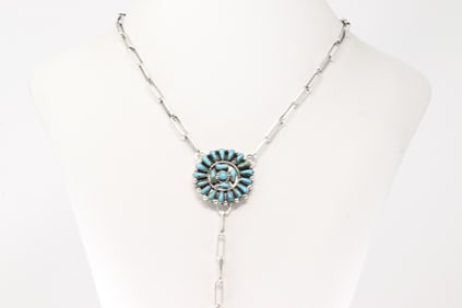 Native America Navajo Sterling Silver Turquoise Necklace By Loretta Delgarito.