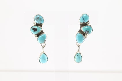 Native American Navajo Sterling Silver Kingman Turquoise Post / Dangling Earring's By Maxine