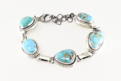Native America Navajo Sterling Silver Kingman Turquoise Bracelet Link By Bob Becenti.