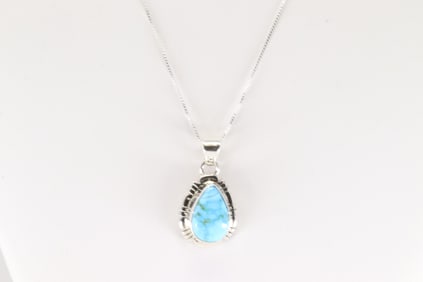 Native America Navajo Sterling Silver Turquoise Pendant with A 925 Necklace By J.F.