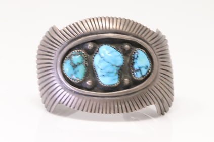 Native American Navajo Sterling Silver Old Pawn Turquoise Bracelet Cuff.