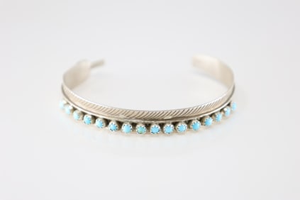 Native America Navajo Sterling Silver Turquoise Feather Bracelet Cuff By Aaron Davis.