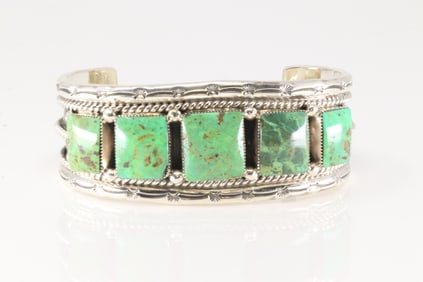 Native America Navajo Sterling Silver Green Stone Bracelet Cuff By Jimson Belin.