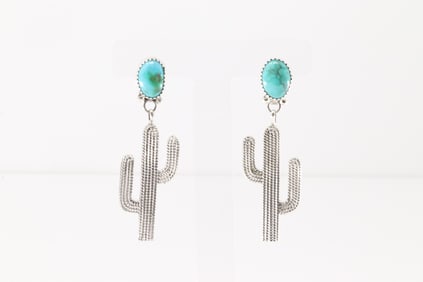 Native America Navajo Sterling Silver Turquoise Cactus Post / Dangling Earring's By Annie Spencer.