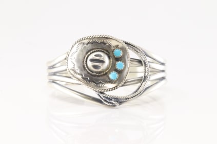 Native America Navajo Sterling Silver Turquoise Cowboy Bracelet Cuff By Bobby Platero.