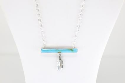 Native America Navajo Sterling Silver Turquoise Necklace / Feather By Angie Platero.