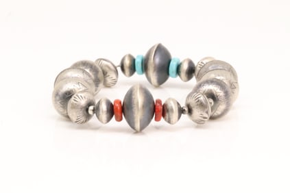 Native America Navajo Sterling Silver Stretch Coral & Turquoise Bracelet.