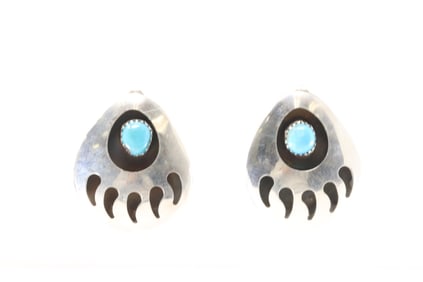 Native America Navajo Sterling Silver Bear Paw Turquoise Post Earring's By Virginia Long.