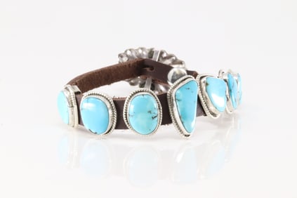 Native America Navajo Sterling Silver Turquoise Leather Bracelet By M.