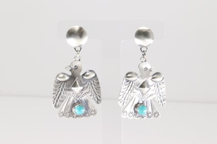 Native America Navajo Sterling Silver Turquoise Thunderbird Post / Dangling Earring's By Tim Yazzie