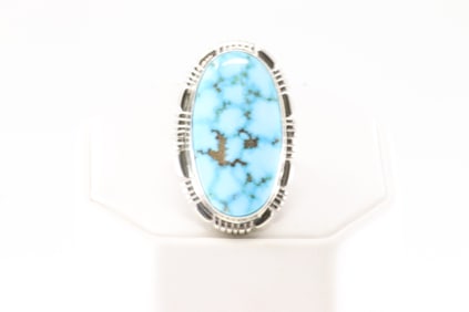 Native America Navajo Sterling Silver Kingman Turquoise Ring By N.J.