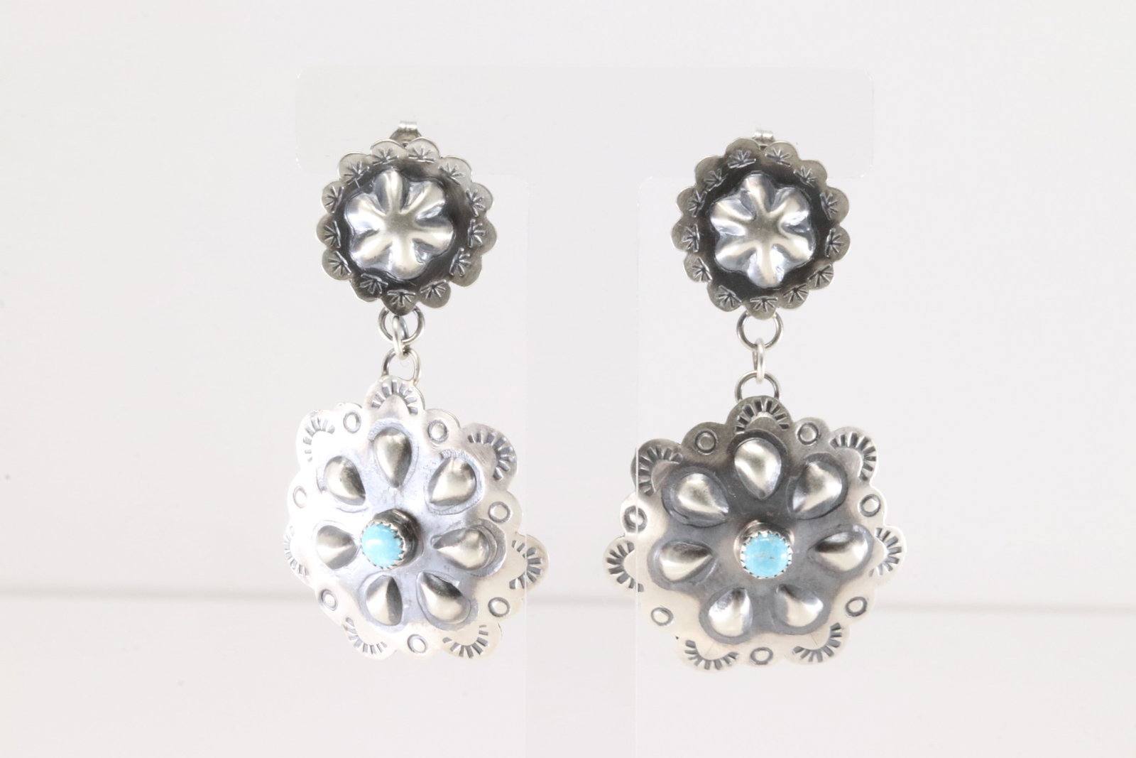 Native America Navajo Sterling Silver turquoise Conch Post / Dangling Earring's By Tim Yazzie &: This is a Native America Navajo Sterling Silver turquoise Conch Post / Dangling Earring's By Tim Yazzie & Sammantha.