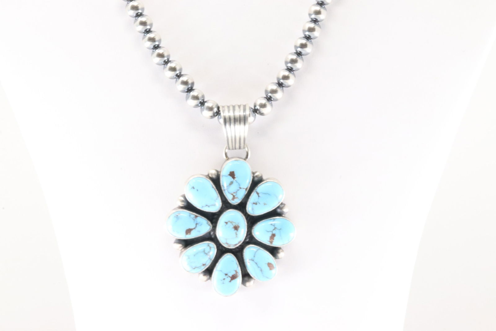 Native America Navajo Sterling Silver Kingman Turquoise Pendant By S.H. with Pearl Beaded Sterling (1 of 4)