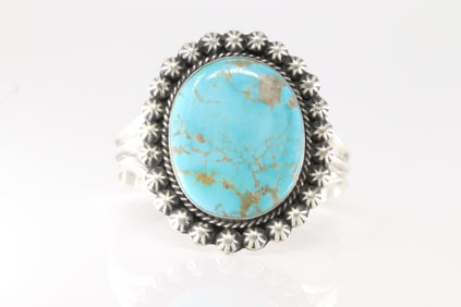 Native America Navajo Sterling Silver Kingman Turquoise Bracelet Cuff By Augustine Largo.