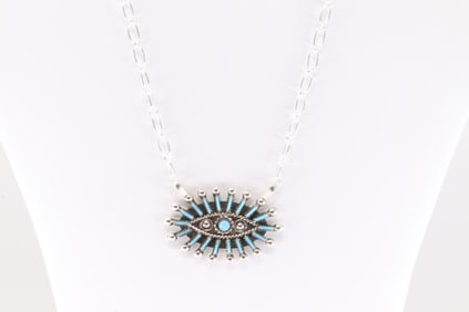 Native America Zuni Sterling Silver Turquoise Necklace By Philander Gia.