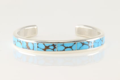 Native America Navajo Sterling Silver Turquoise Inlay Bracelet By Loretto.