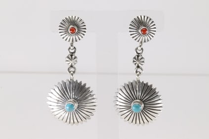 Native America Navajo Sterling Silver Coral & Turquoise Post / Dangling Earring's By Verley Betone.