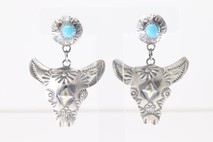 Native America Navajo Sterling Silver Turquoise Cow Head Post / Dangling Earring's By Gabrielle