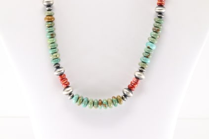 Native America Navajo Sterling Silver Spiny Oyster & Turquoise Necklace.