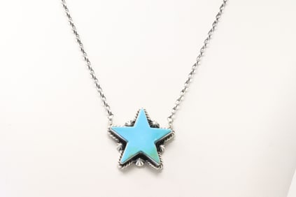 Native America Navajo Sterling Silver Kingman Turquoise Star Necklace By Donovan Skeets.
