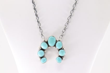 Native American Navajo Sterling Silver Kingman Turquoise Necklace By Augustine Largo.