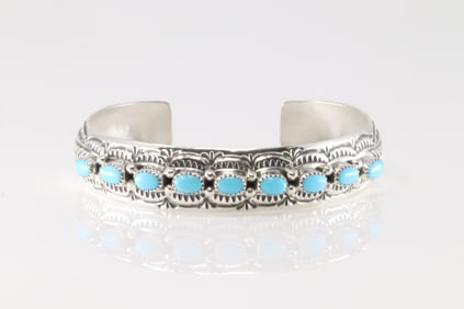 Native America Navajo Sterling Silver Turquoise Bracelet Cuff By G.S.