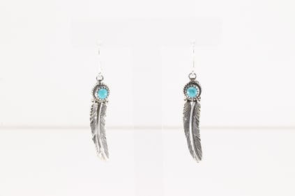 Native America Navajo Sterling Silver Turquoise Feather Dangling Earring's By Sharon McCarthy.