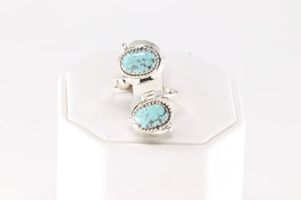 Native America Navajo Sterling Silver Turquoise Ring 2 Stone By Sheena Jack.