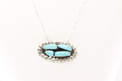 Native America Navajo Sterling Silver Turquoise Necklace By Sadie Jim.