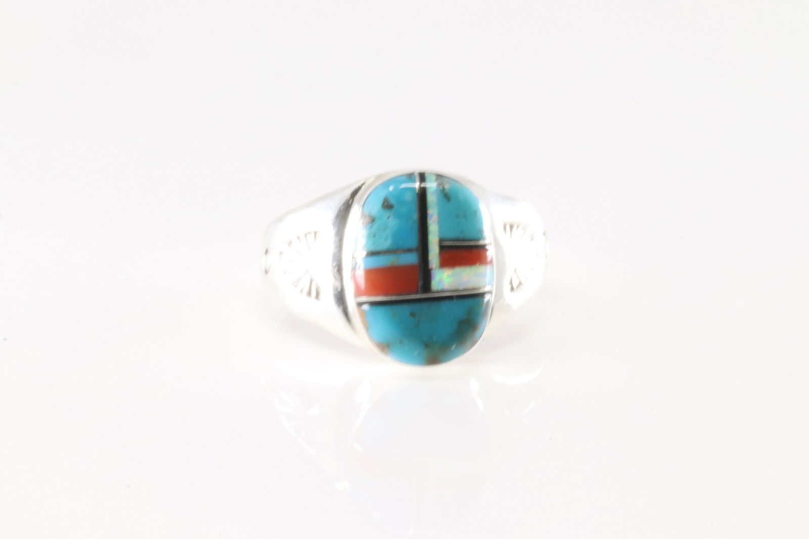 Native America Zuni Sterling Silver Multi-Color Stone Inlay Ring By M.L. (1 of 4)