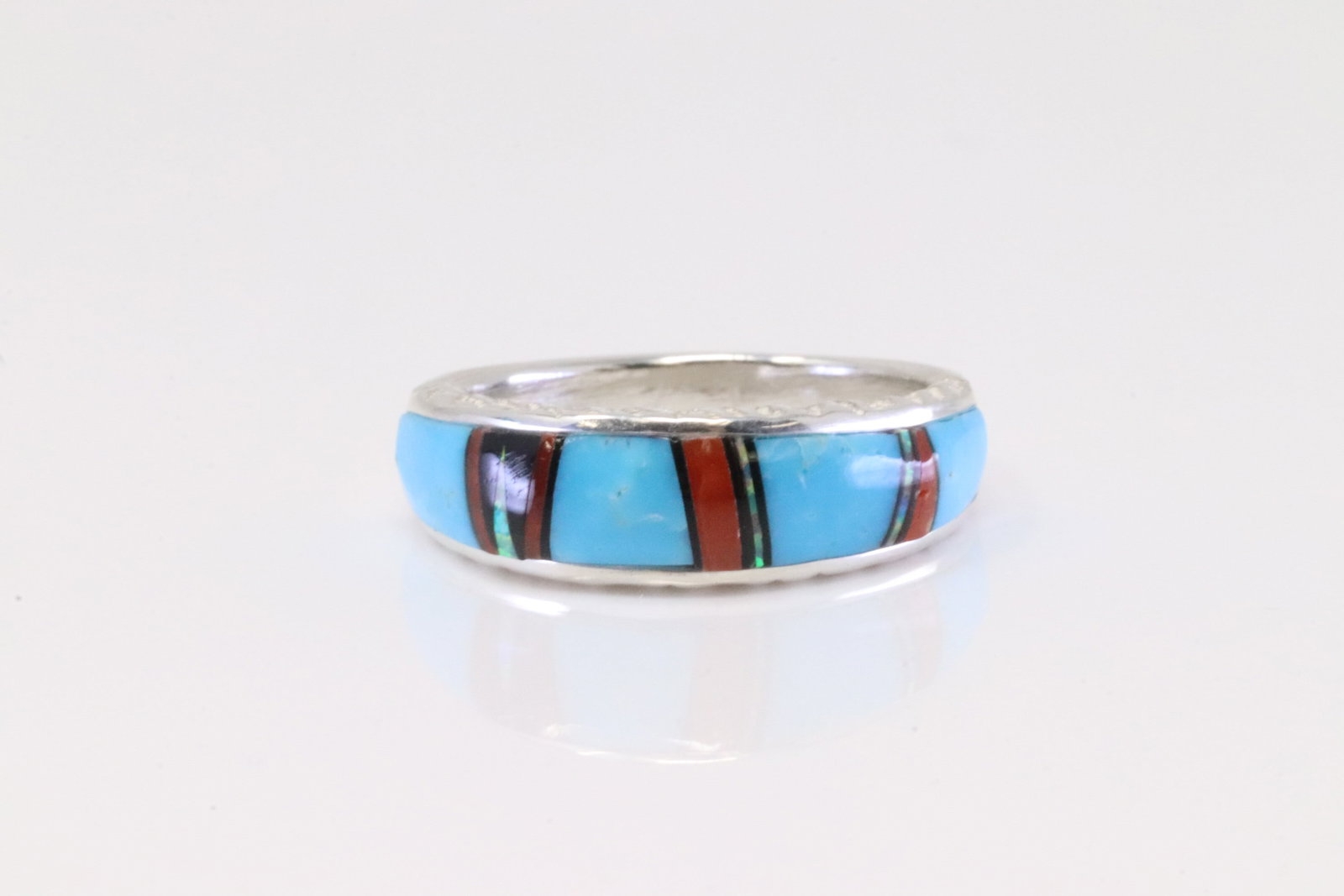 Native America Navajo Sterling Silver Multi-Color Inlay Ring By A.T.: This is a Native America Navajo Sterling Silver Multi-Color Inlay Ring By A.T. Ring size: 7.50.