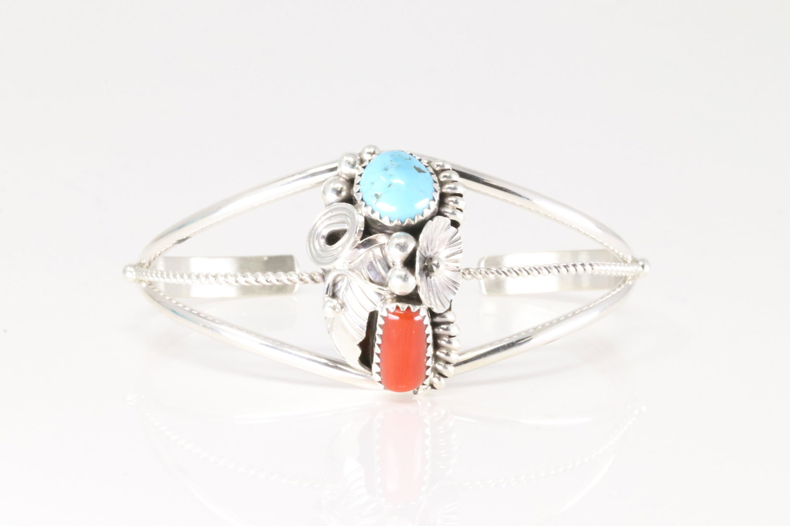 Native America Navajo Sterling Silver Coral & Turquoise Bracelet Cuff By Max Calladitto.: This is a Native America Navajo Sterling Silver Coral & Turquoise Bracelet Cuff By Max Calladitto.