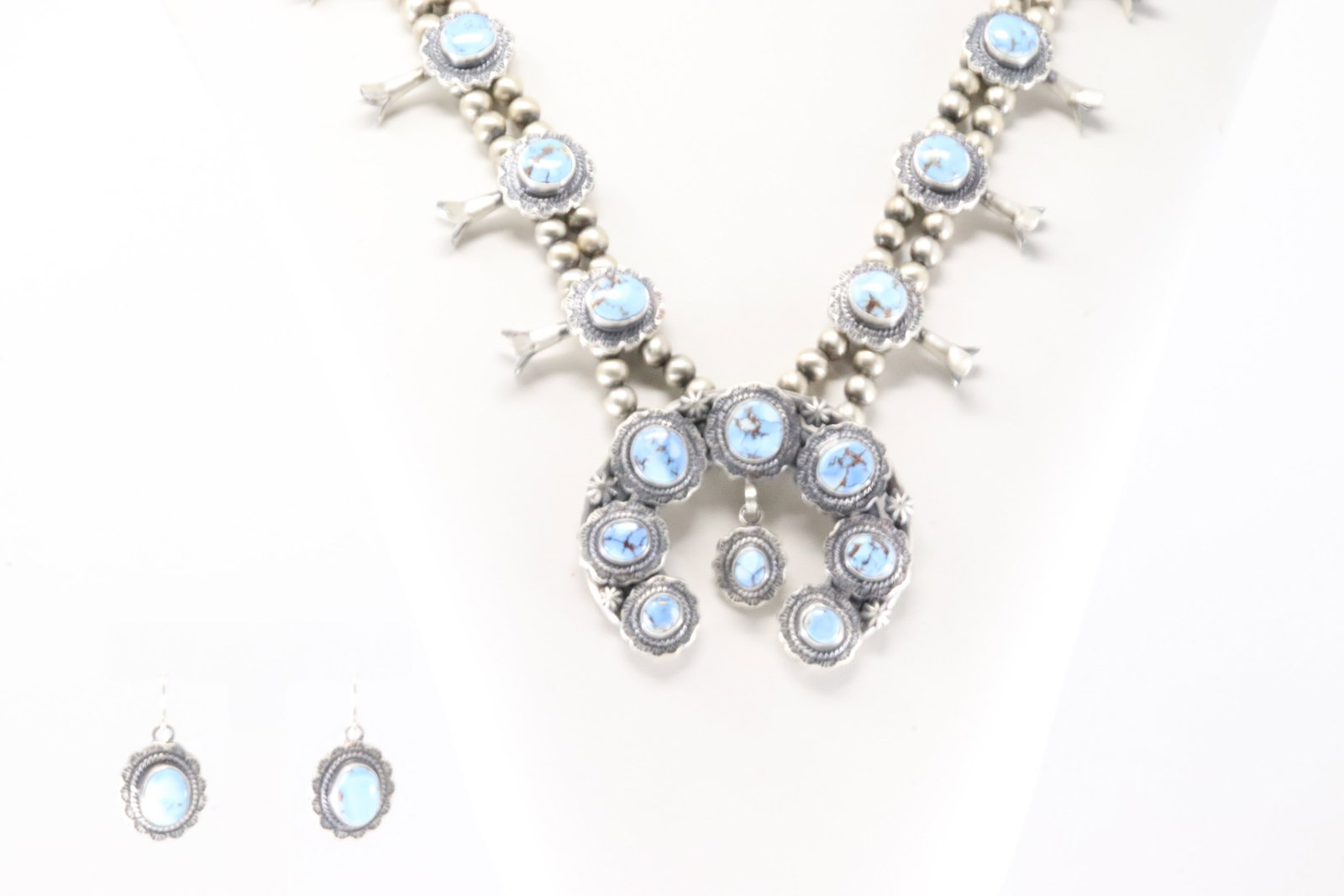 Native America Navajo Sterling Silver Golden Hill Turquoise Squash Blossom Necklace & Earring's Set: This is a Native America Navajo Sterling Silver Golden Hill Turquoise Squash Blossom Necklace & Earring's Set By Thomas Francisco. Necklace length: 26.00" Total weight: 170.40 Grams.